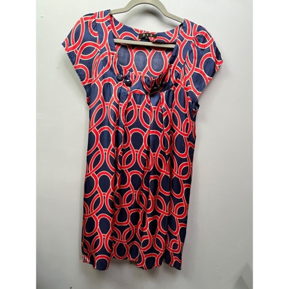 213 shift dress Womens Large Red Blue cap sleeves embellishments‎ Bold